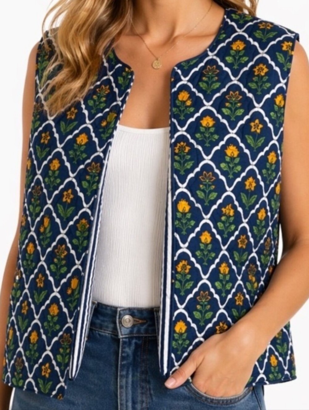 NWT Japna Navy Floral Quilted Sleeveless Vest